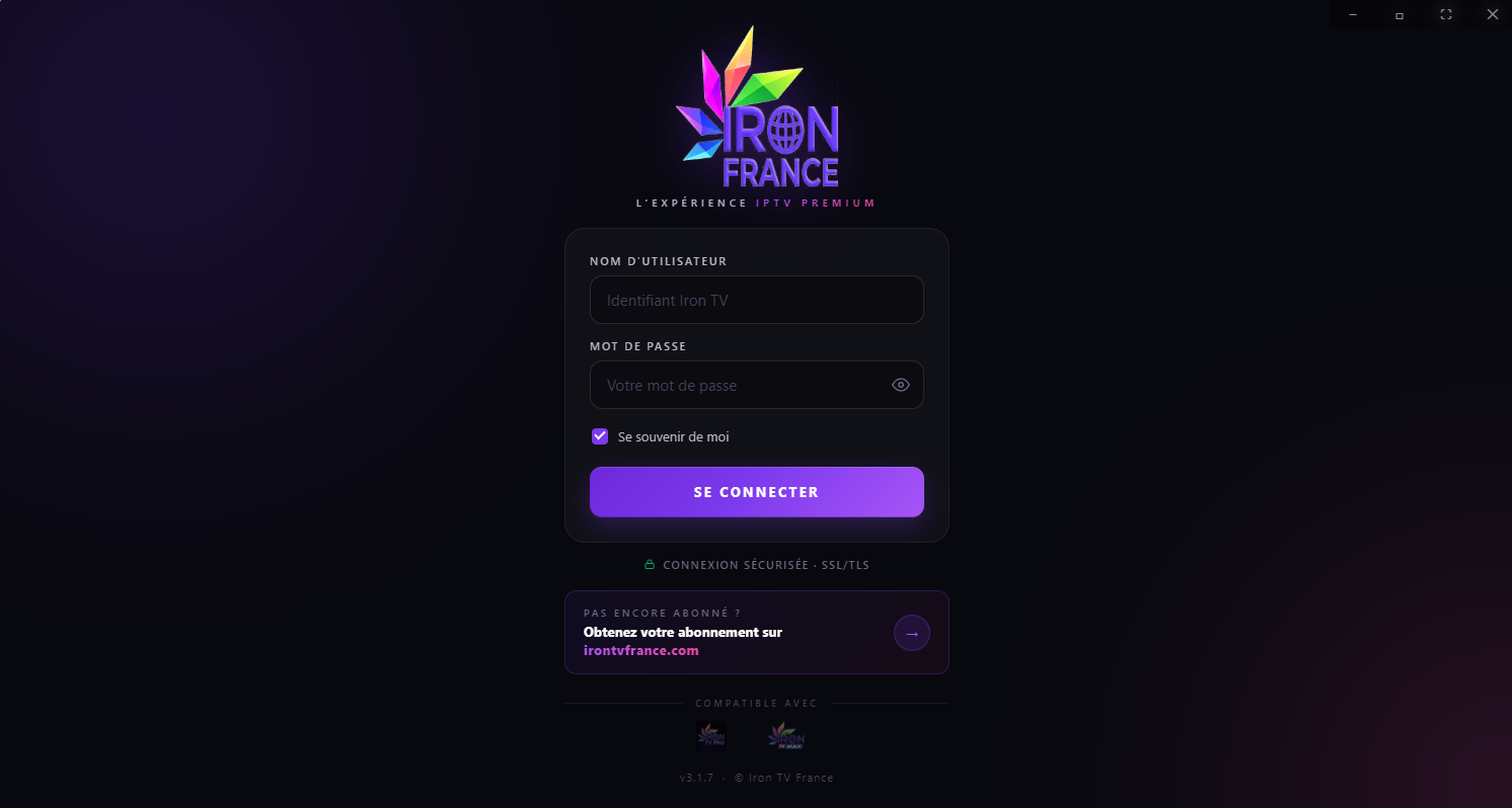 Écran de connexion Iron TV France Windows - Username et Password