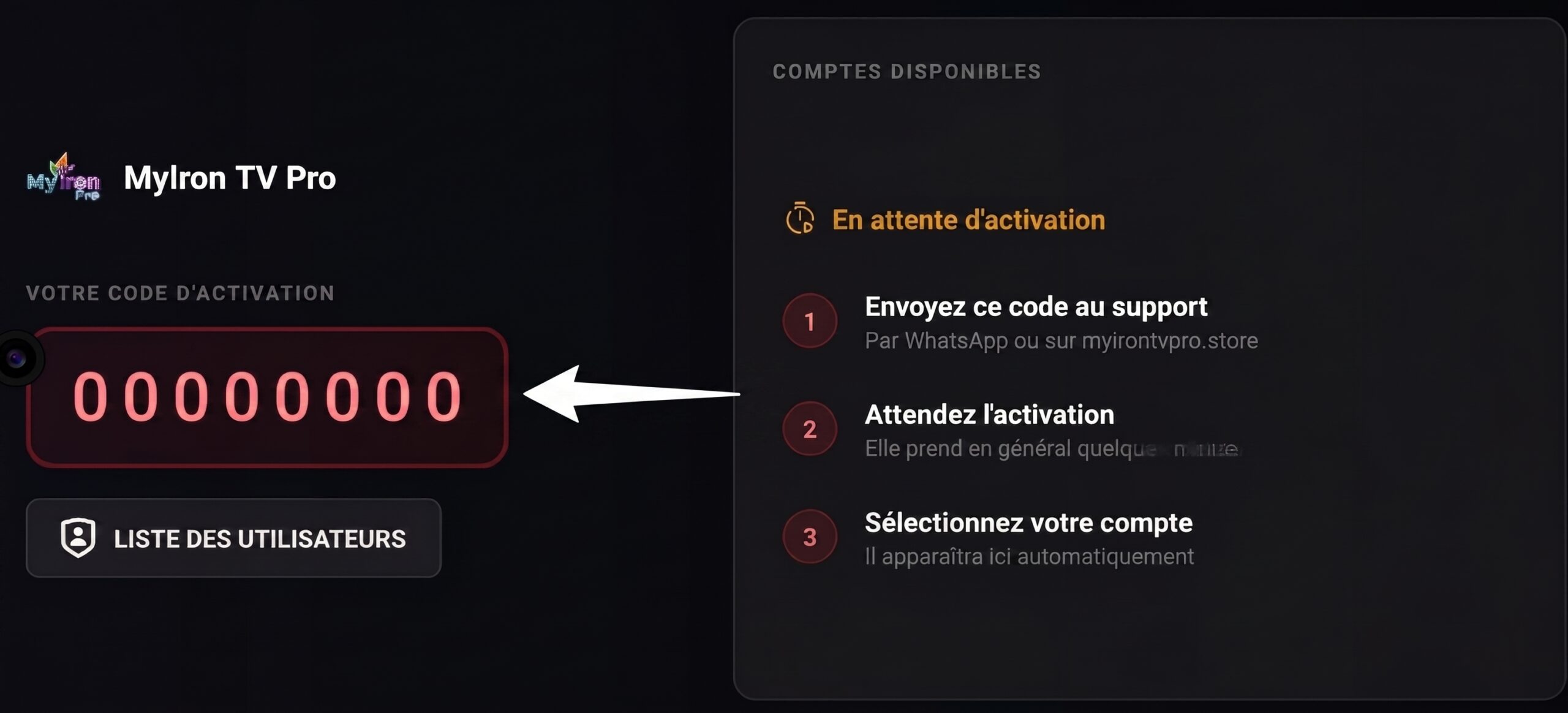 MyIron TV - Ecran Device ID pour activation