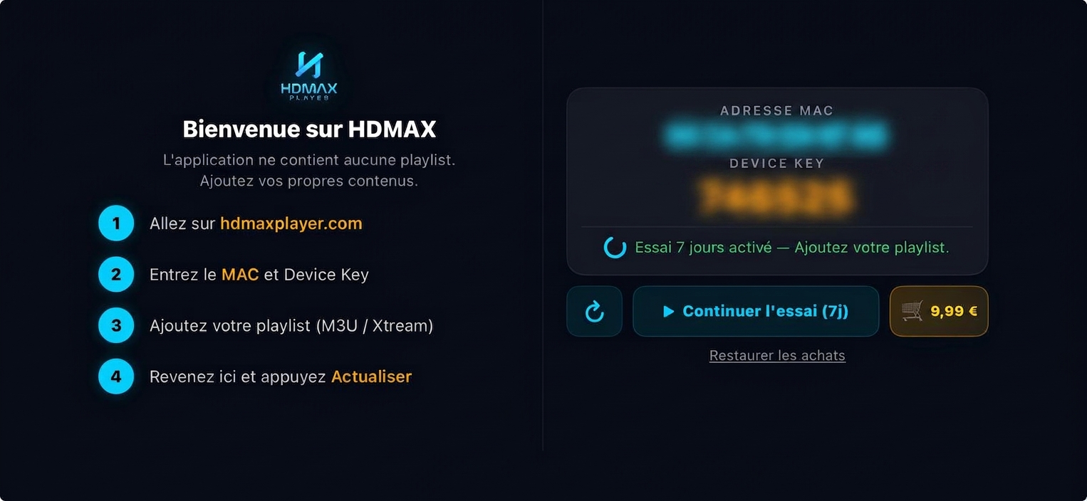 HDMAX Player — écran de connexion affichant l'adresse MAC