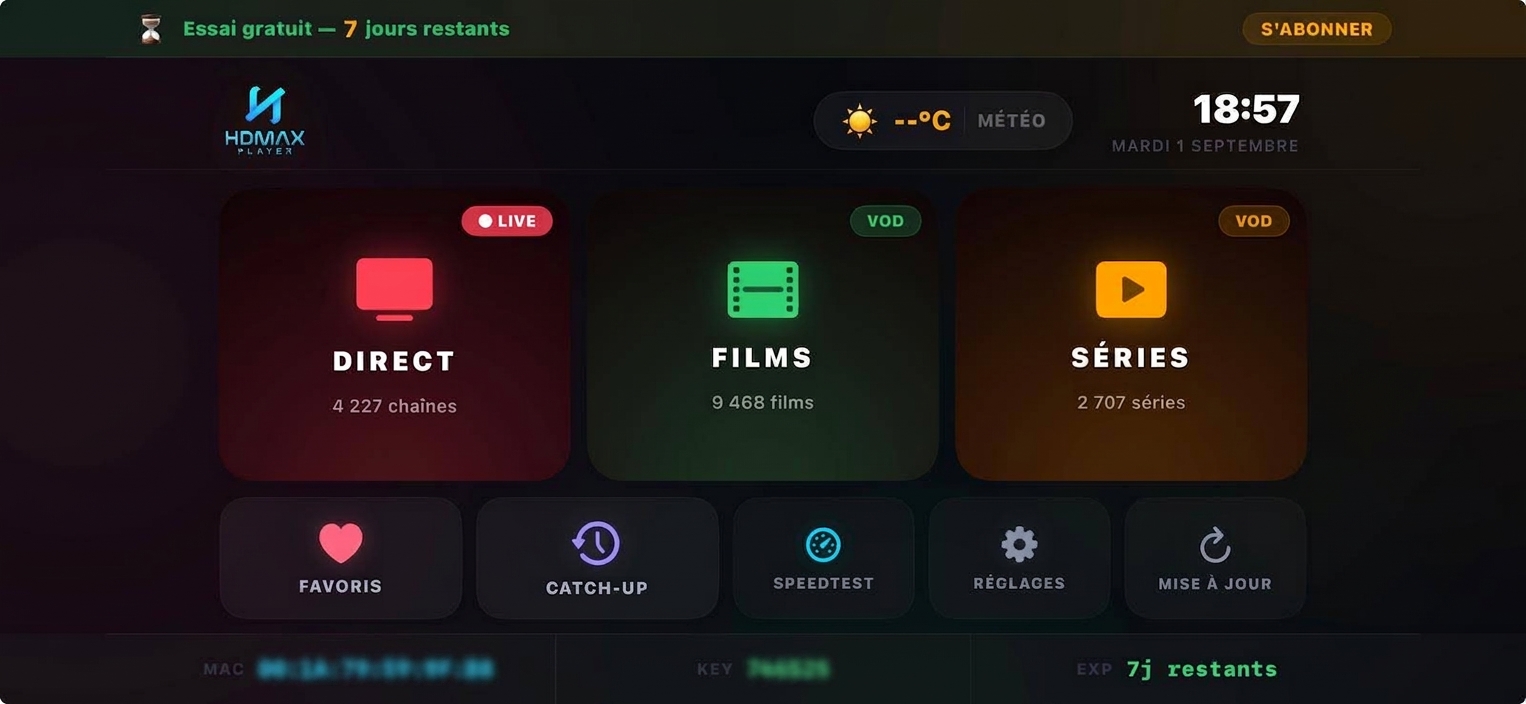 HDMAX Player — écran d'accueil après activation
